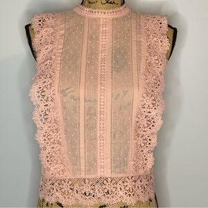 E&M Blush Pink Lace-Trim High Neck Tie and Button Back Crop Camisole Top